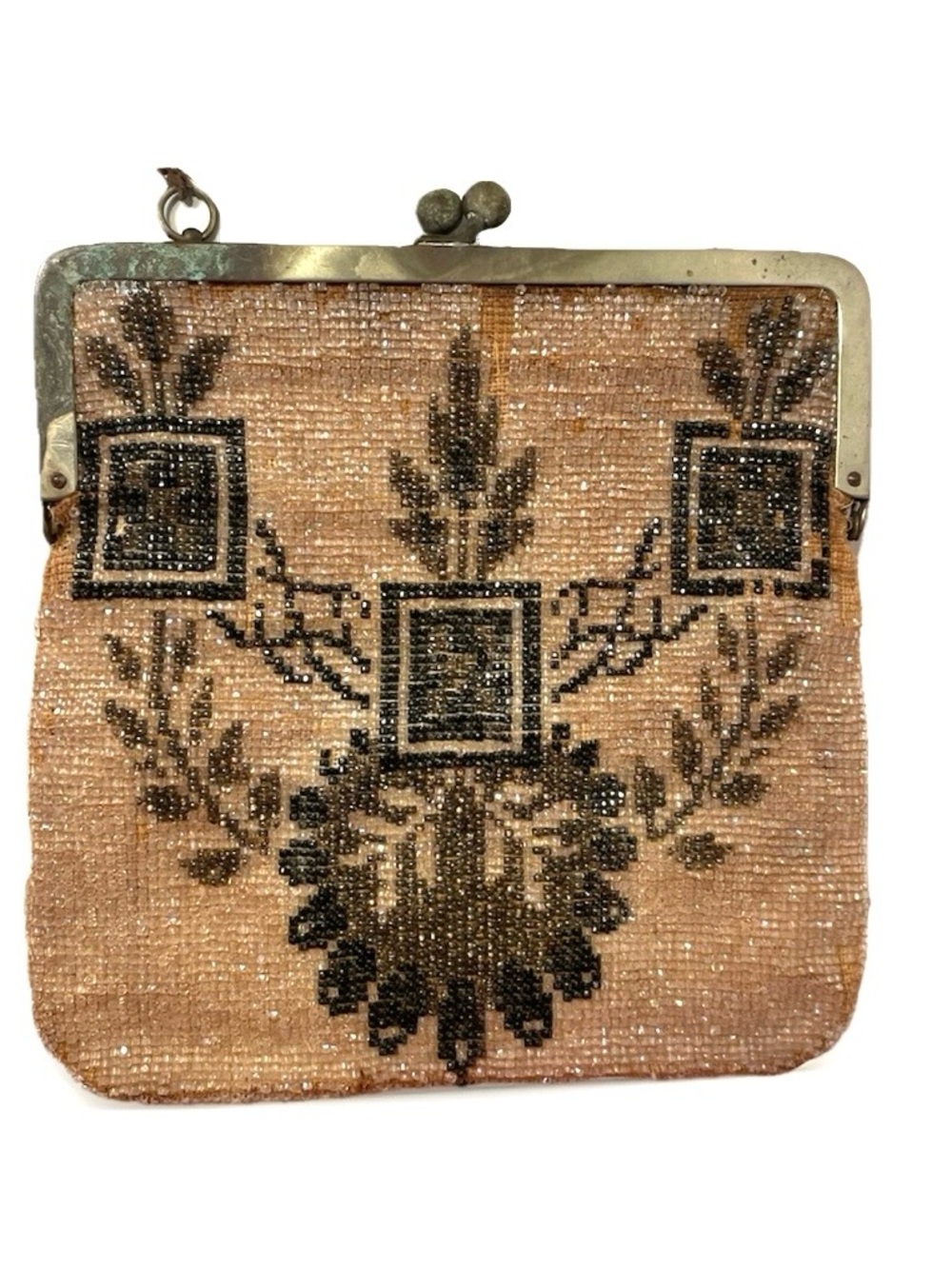 Antique hand Beaded  Bag with Black Floral Motif with chain